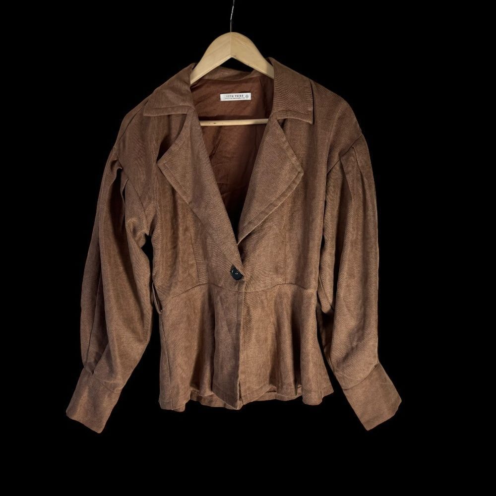 12th Tribe Women's  Brown Single Button Cuff Sleeve Peplum Blazer‎ Sz S